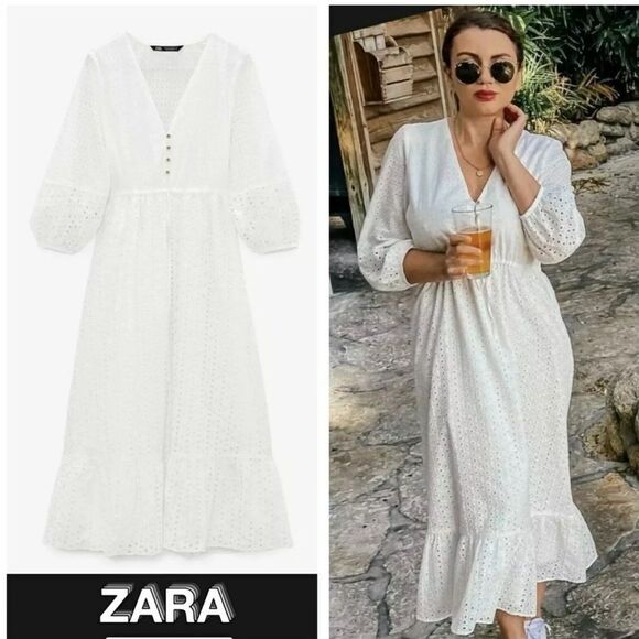 ZARA CUTWORK EMBROIDERY WHITE V-NECK MIDI DRESS - Picture 1 of 8